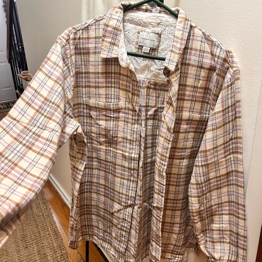 American Eagle Beige and Purple Plaid Shirt